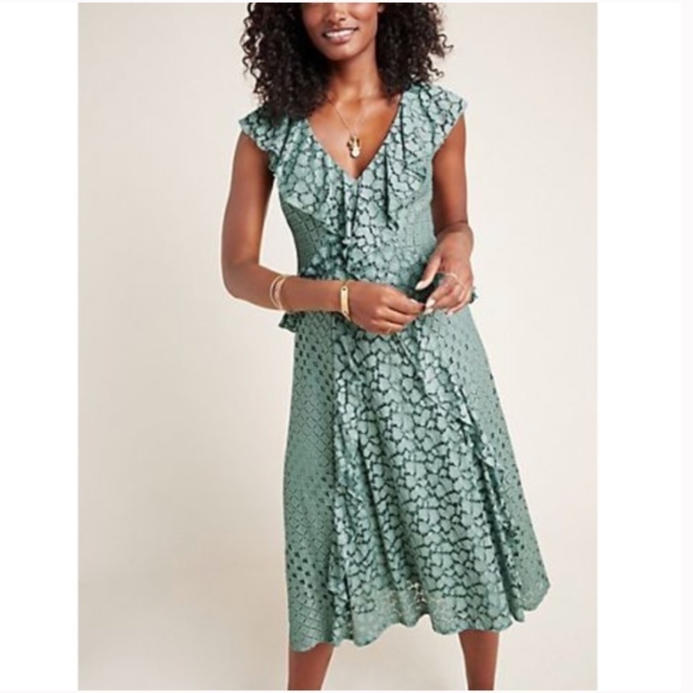 Anthropologie Antoinette Floral Lace Ruffled V Neck Midi Dress Mint Green XS 0